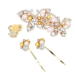 Butterfly Rhinestone and Glass Pearl Hair Barrette Mini Clip Hairpins 4-pc Set Champagne