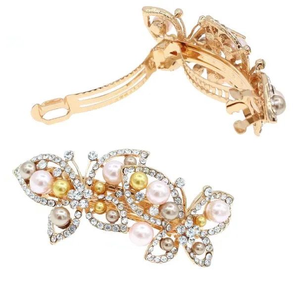 Butterfly Rhinestone and Glass Pearl Hair Barrette Mini Clip Hairpins 4-pc Set Champagne