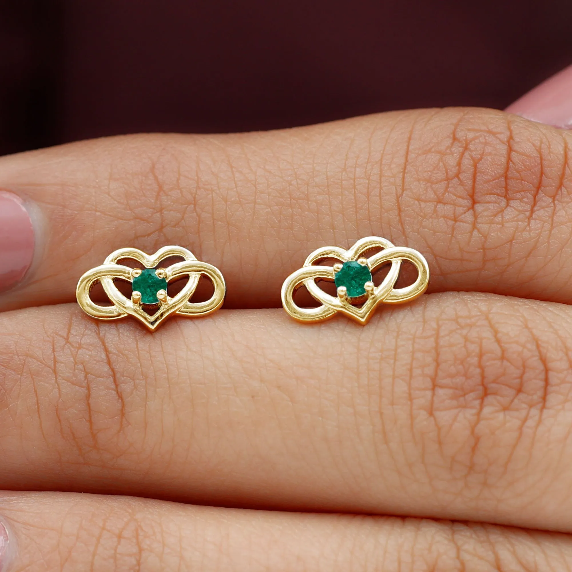 Created Emerald Infinity Heart Stud Earrings