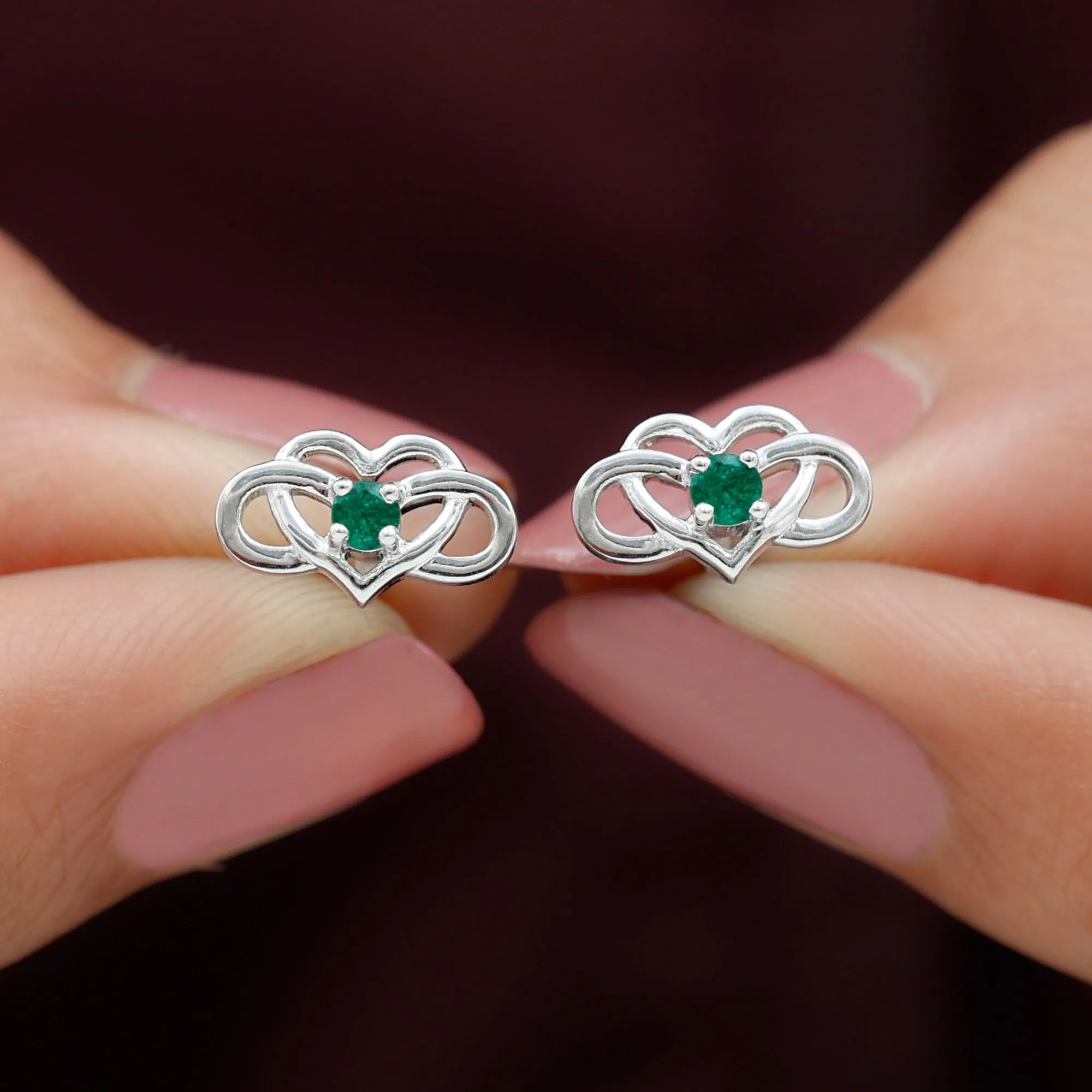 Created Emerald Infinity Heart Stud Earrings