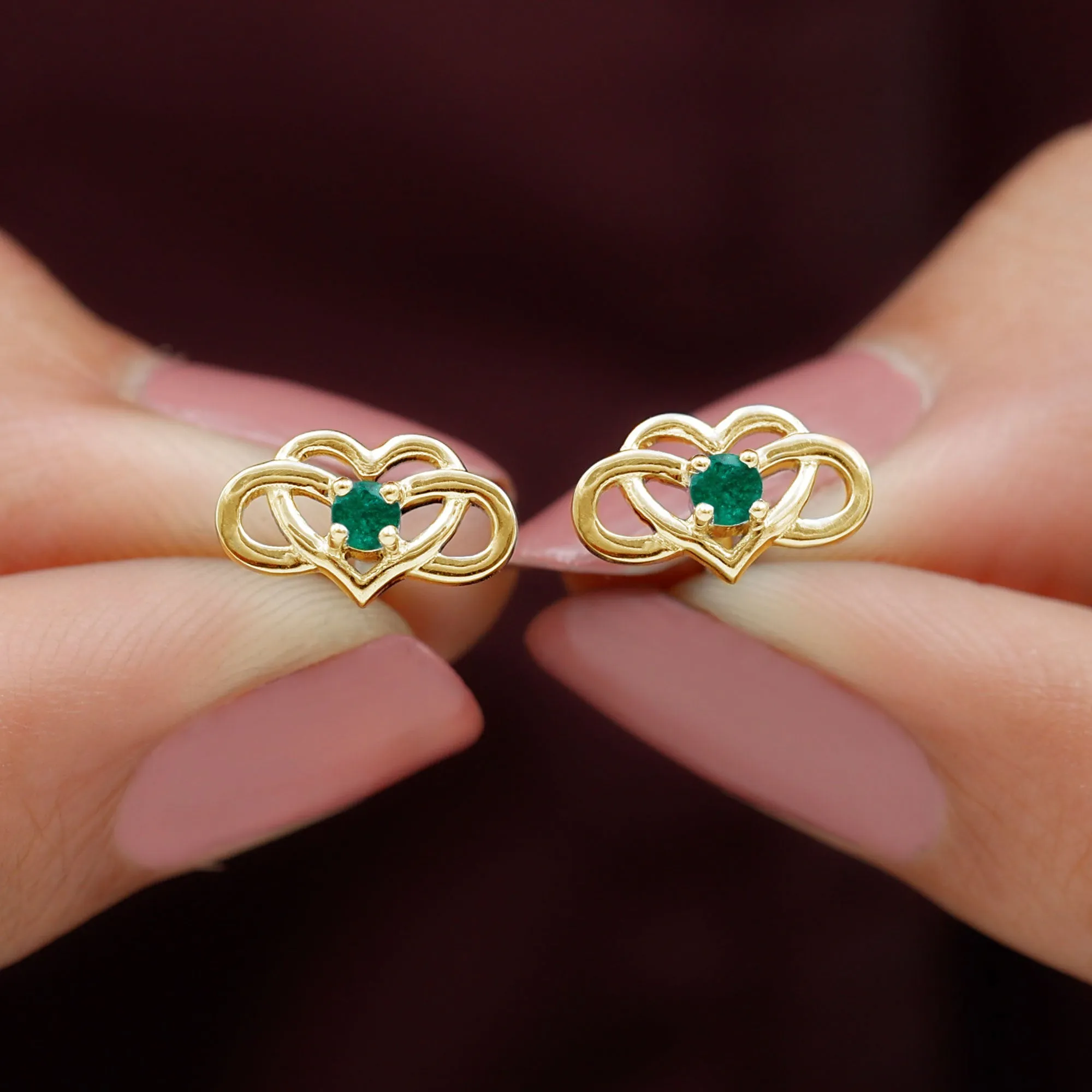 Created Emerald Infinity Heart Stud Earrings