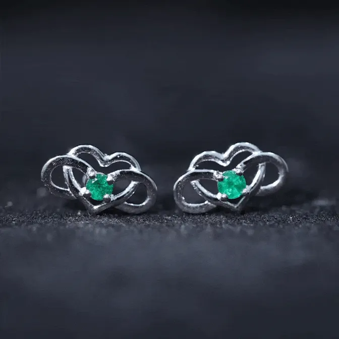 Created Emerald Infinity Heart Stud Earrings