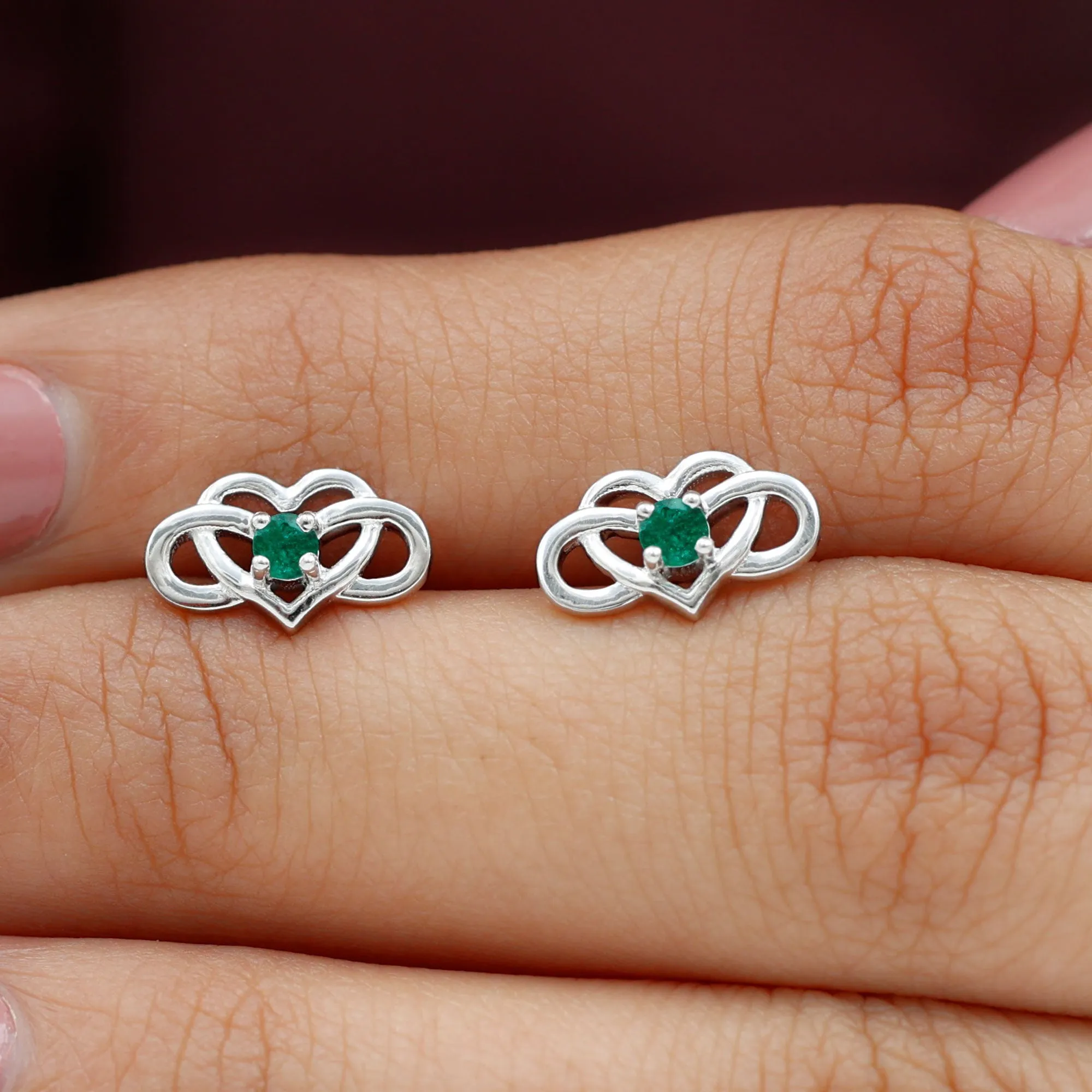 Created Emerald Infinity Heart Stud Earrings