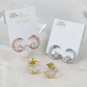 Crescent Moon Cubic Zirconia Stud Earrings