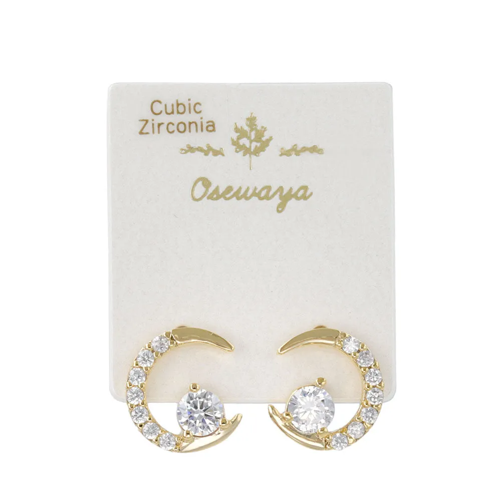 Crescent Moon Cubic Zirconia Stud Earrings