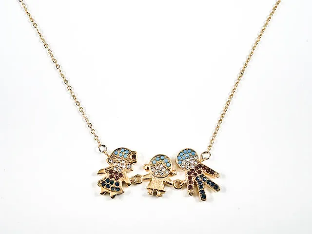 Cute Multi Color Stone Parent Child Pendant Charm Gold Tone Steel Necklace