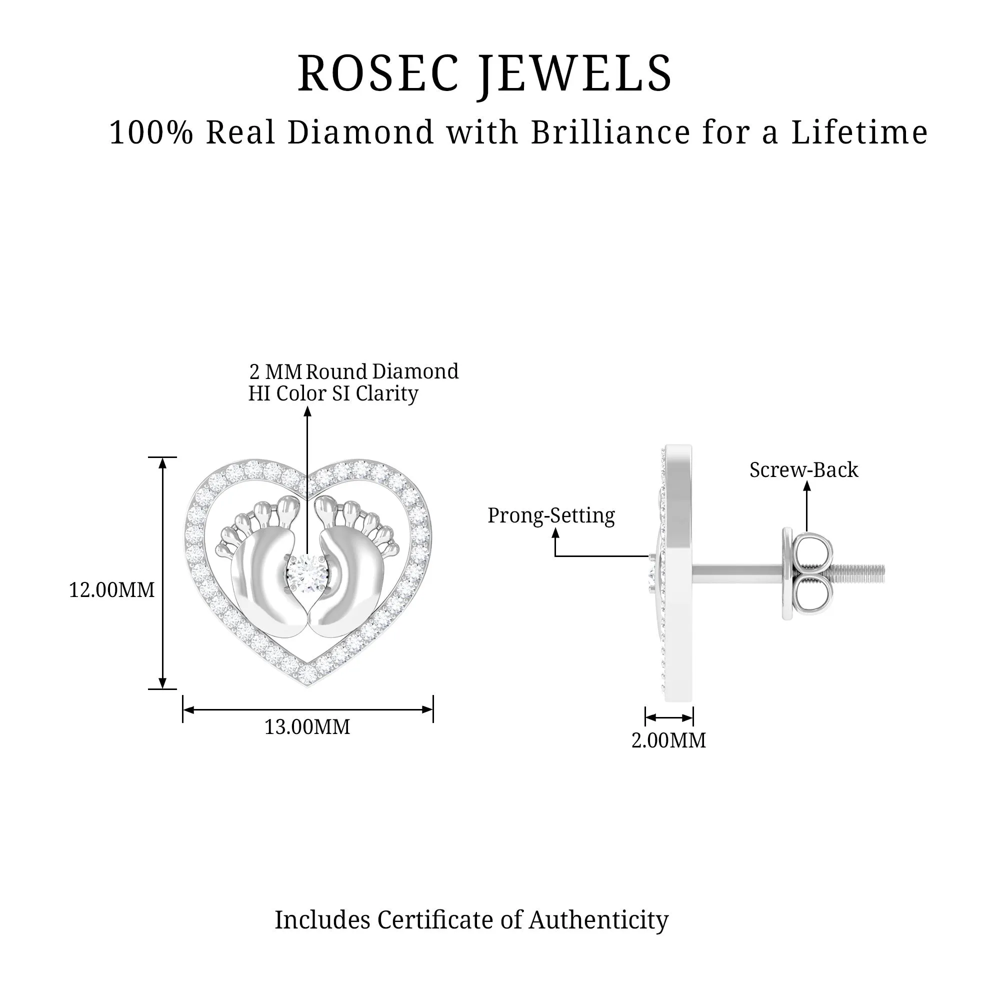 Diamond Heart Stud Earrings with Gold Baby Feet