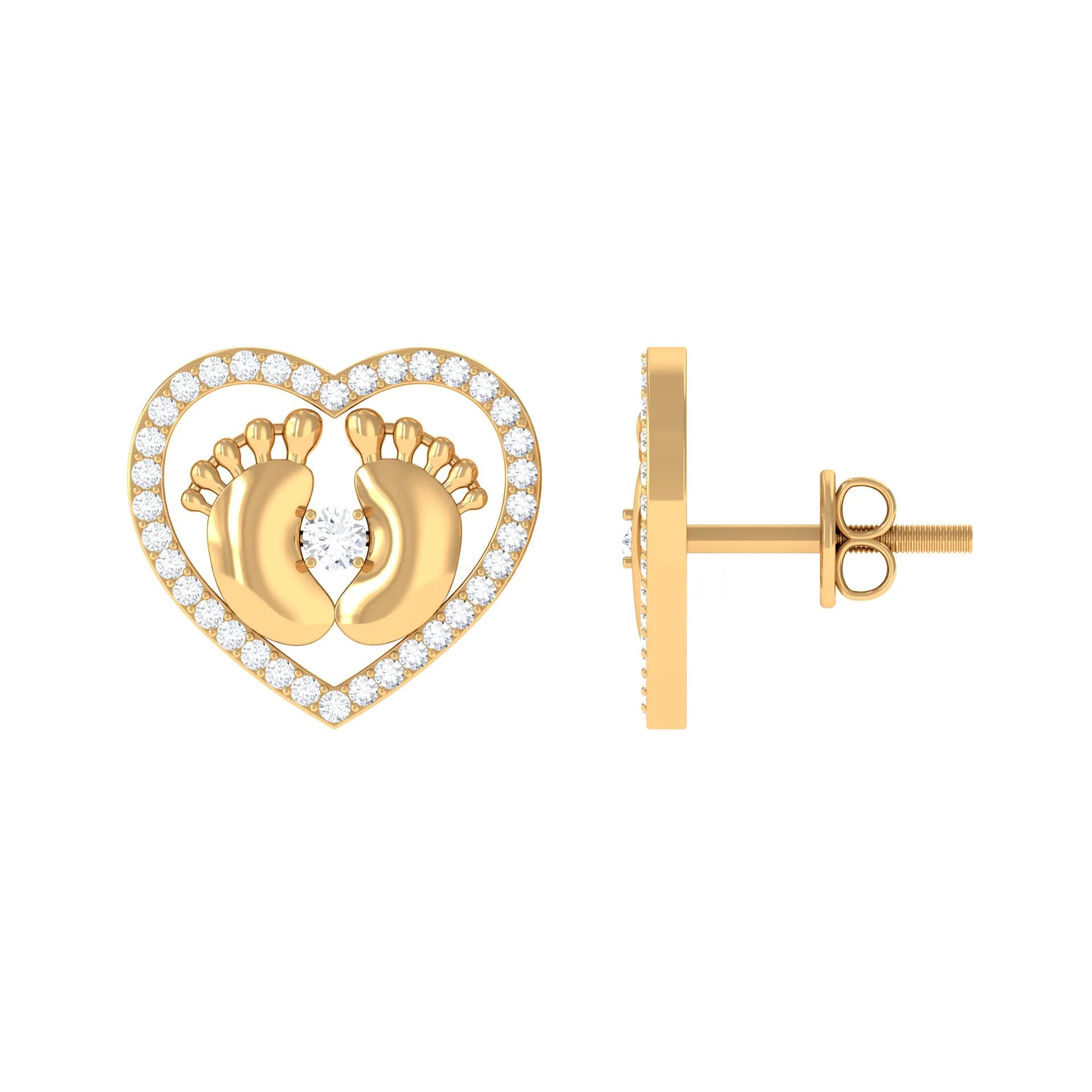 Diamond Heart Stud Earrings with Gold Baby Feet