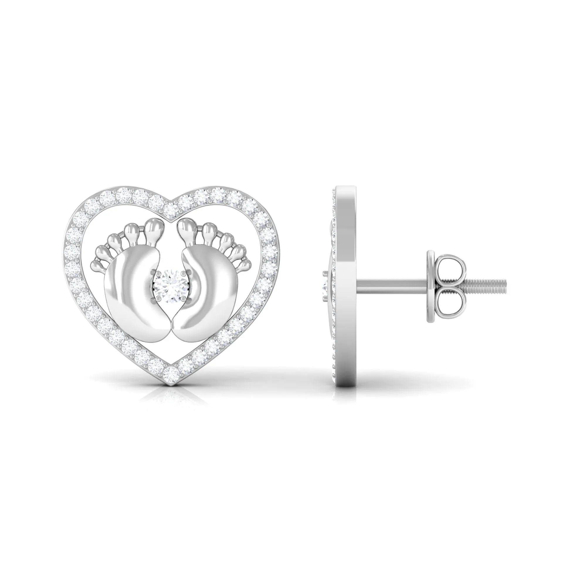Diamond Heart Stud Earrings with Gold Baby Feet