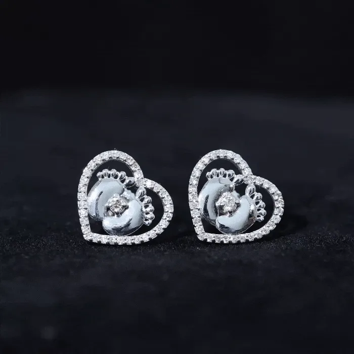 Diamond Heart Stud Earrings with Gold Baby Feet