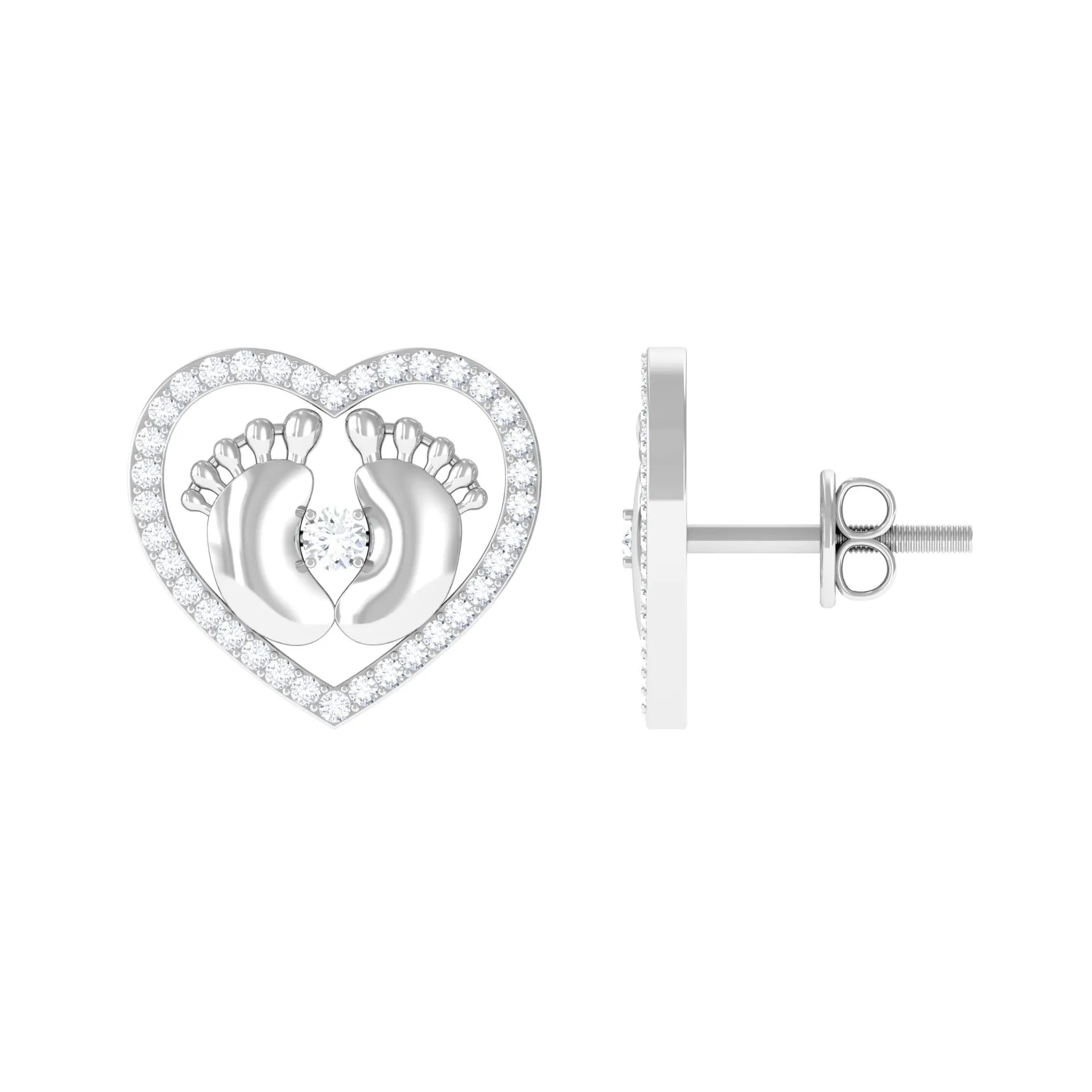 Diamond Heart Stud Earrings with Gold Baby Feet