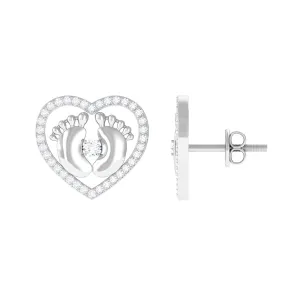 Diamond Heart Stud Earrings with Gold Baby Feet