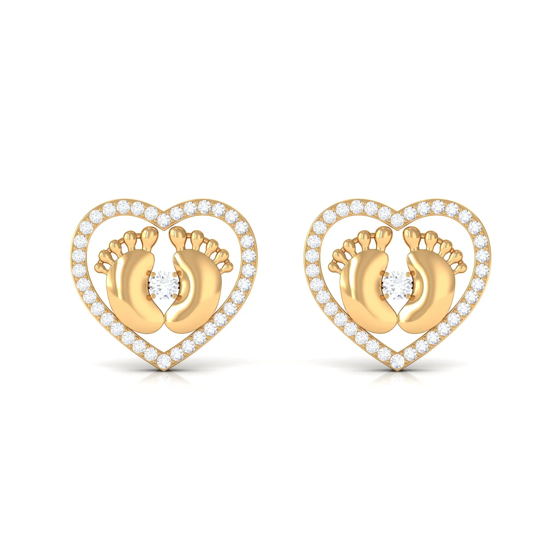 Diamond Heart Stud Earrings with Gold Baby Feet