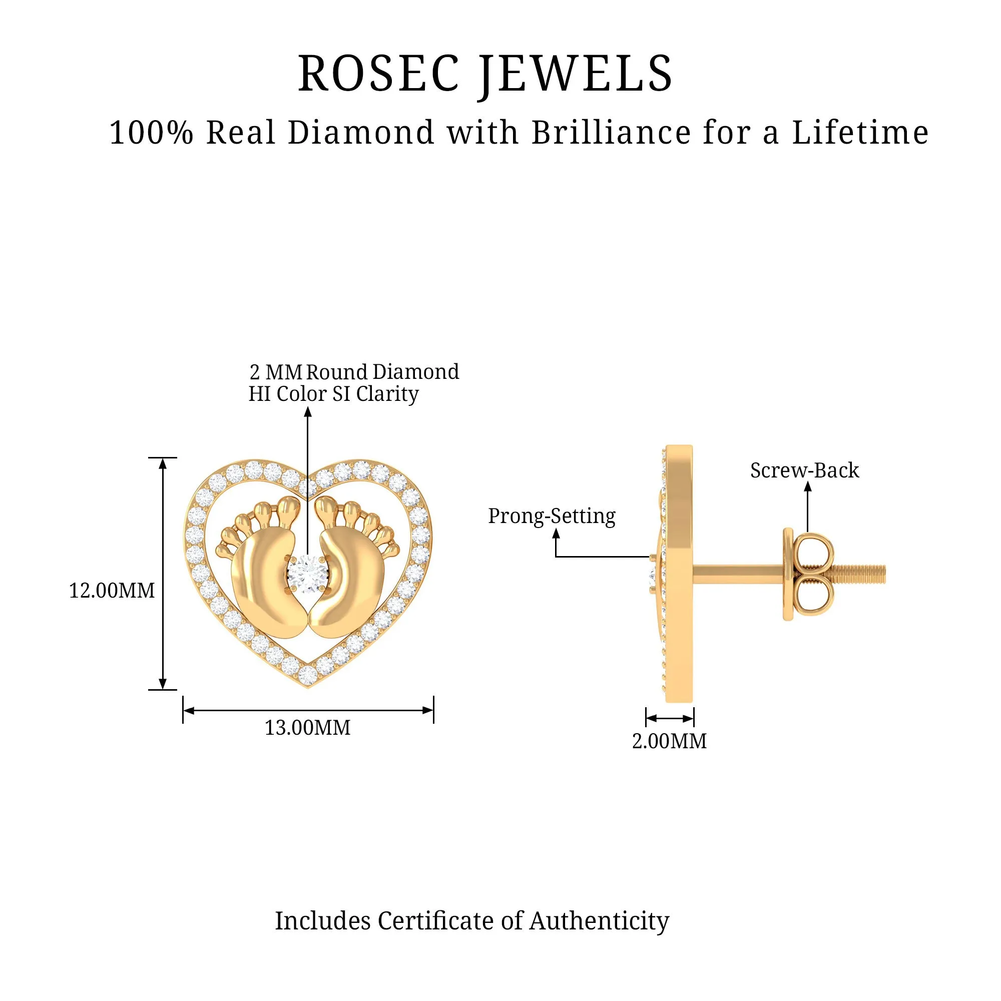 Diamond Heart Stud Earrings with Gold Baby Feet