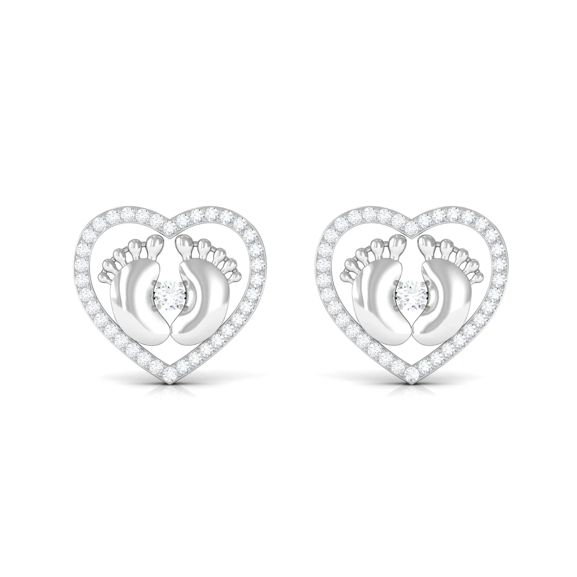 Diamond Heart Stud Earrings with Gold Baby Feet