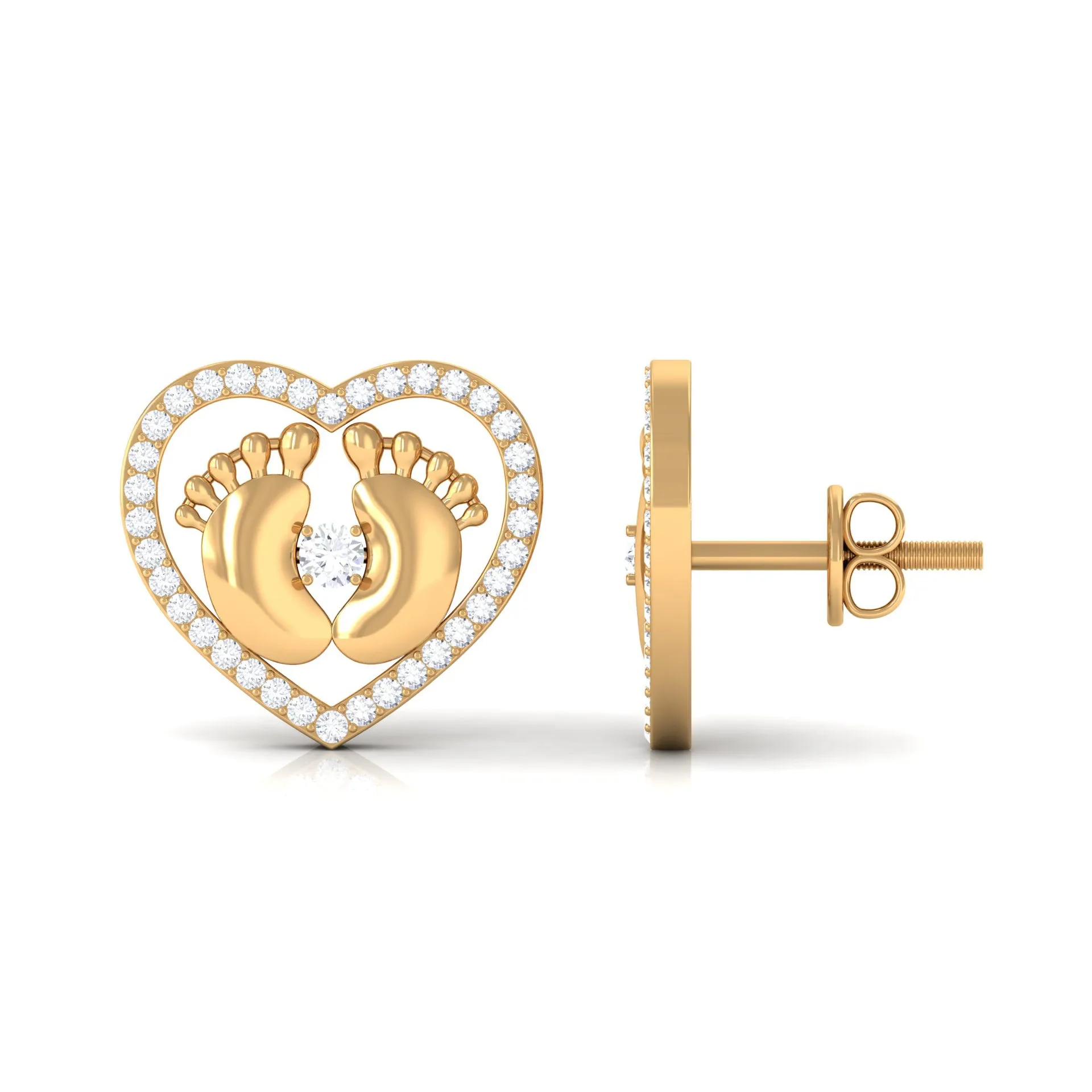 Diamond Heart Stud Earrings with Gold Baby Feet
