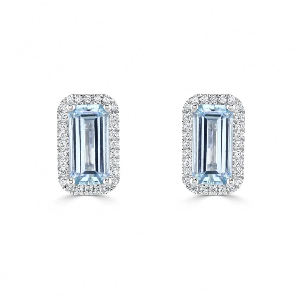 Elongated Aquamarine & Diamond Halo Earrings - White Gold