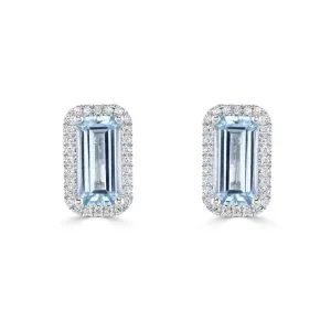 Elongated Aquamarine & Diamond Halo Earrings - White Gold
