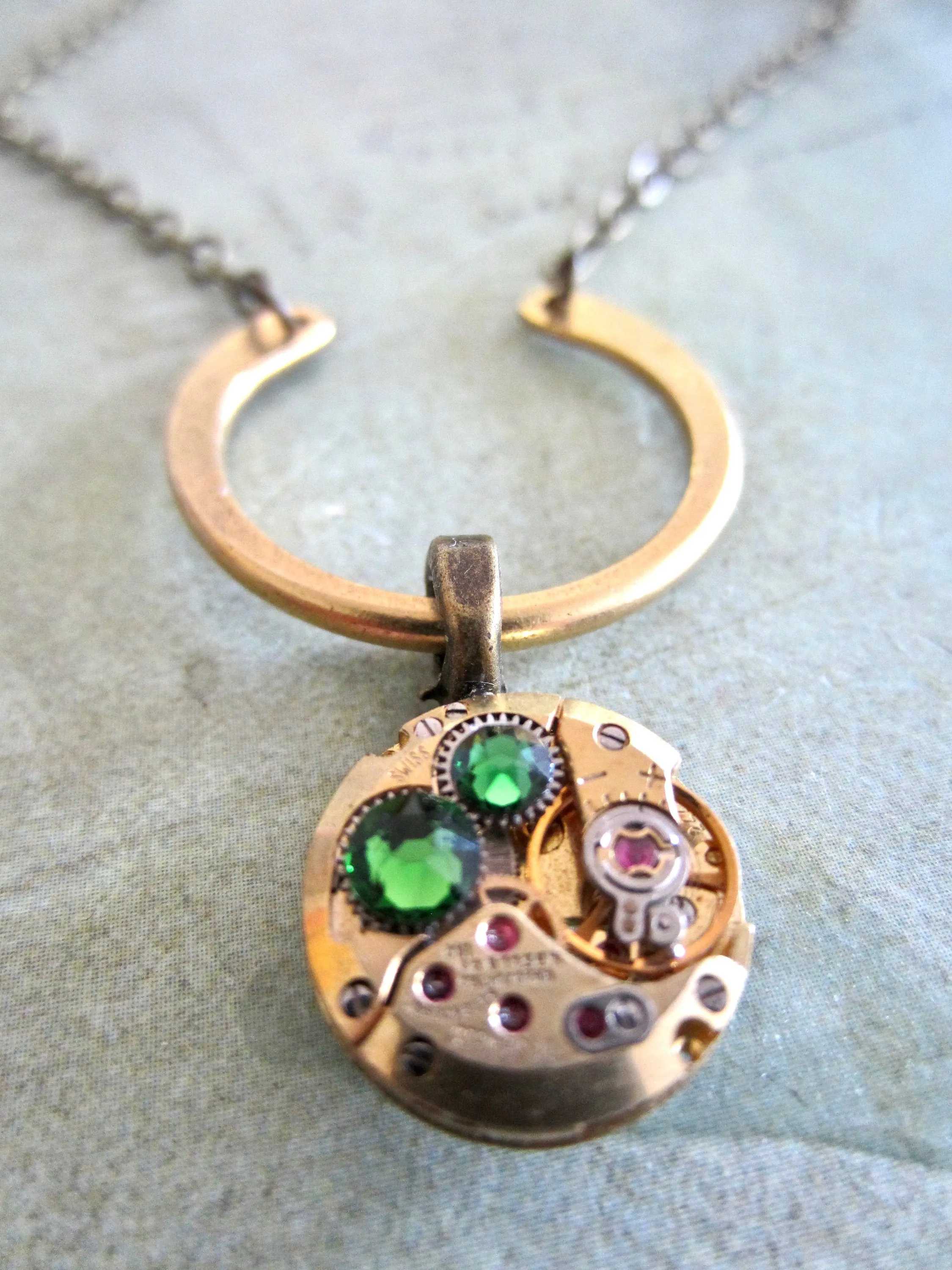 Emerald Steampunk Jewelry Necklace - Watch part necklace - Steampunk Necklace - Gold Watch Movement Repurposed Art