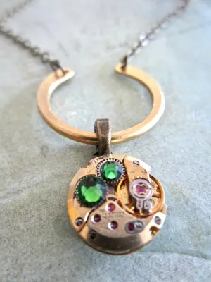 Emerald Steampunk Jewelry Necklace - Watch part necklace - Steampunk Necklace - Gold Watch Movement Repurposed Art