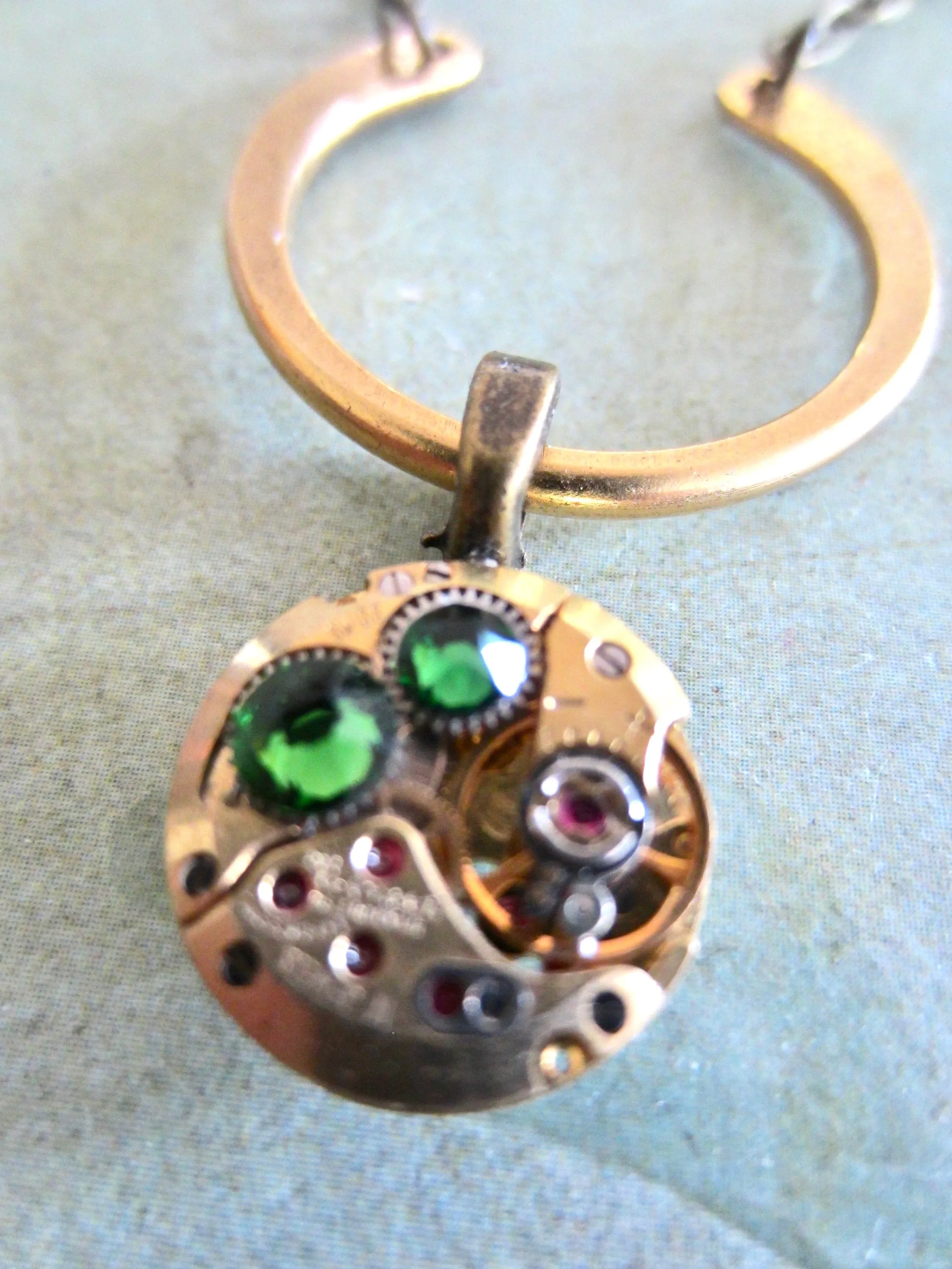 Emerald Steampunk Jewelry Necklace - Watch part necklace - Steampunk Necklace - Gold Watch Movement Repurposed Art