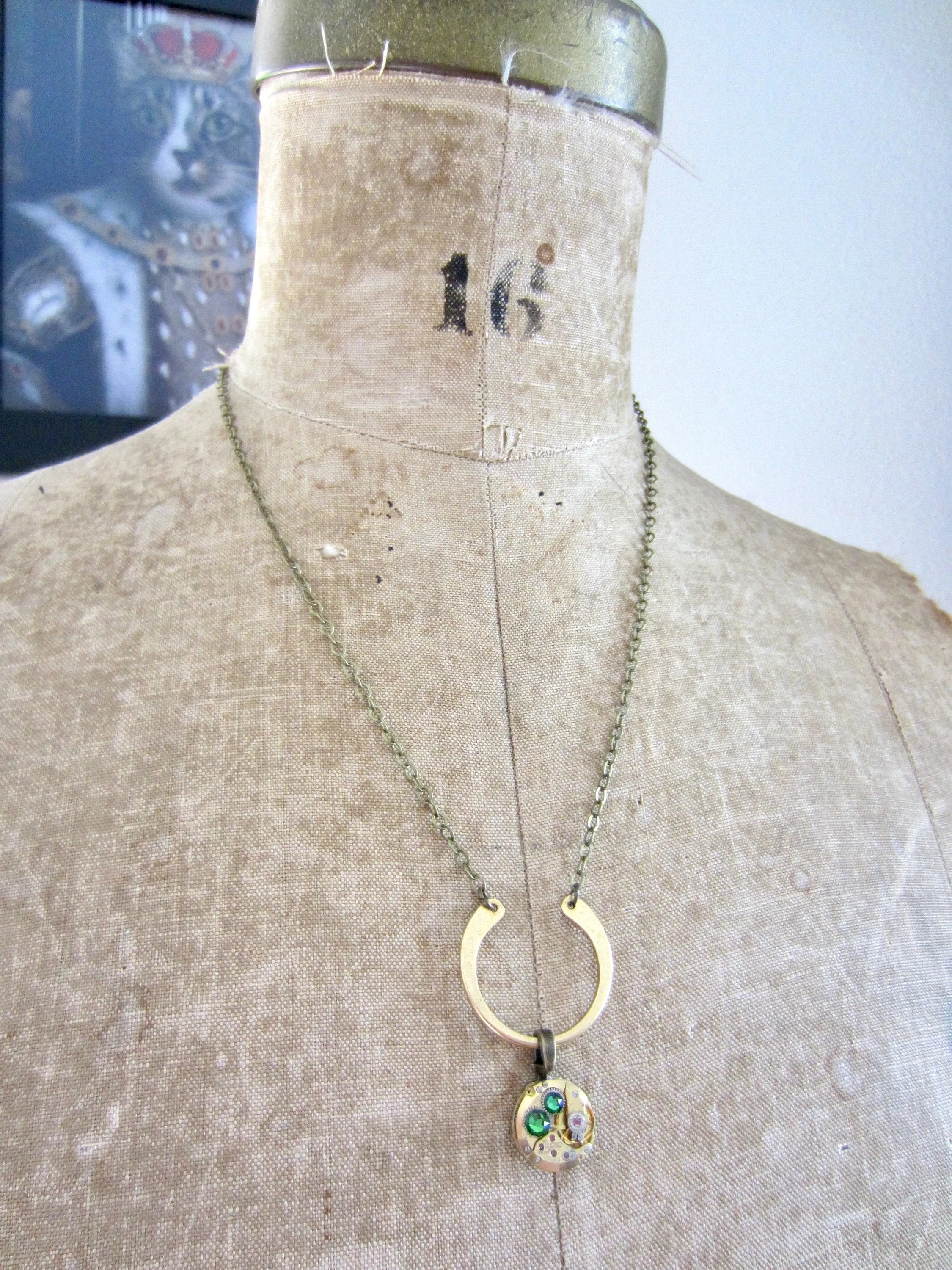 Emerald Steampunk Jewelry Necklace - Watch part necklace - Steampunk Necklace - Gold Watch Movement Repurposed Art