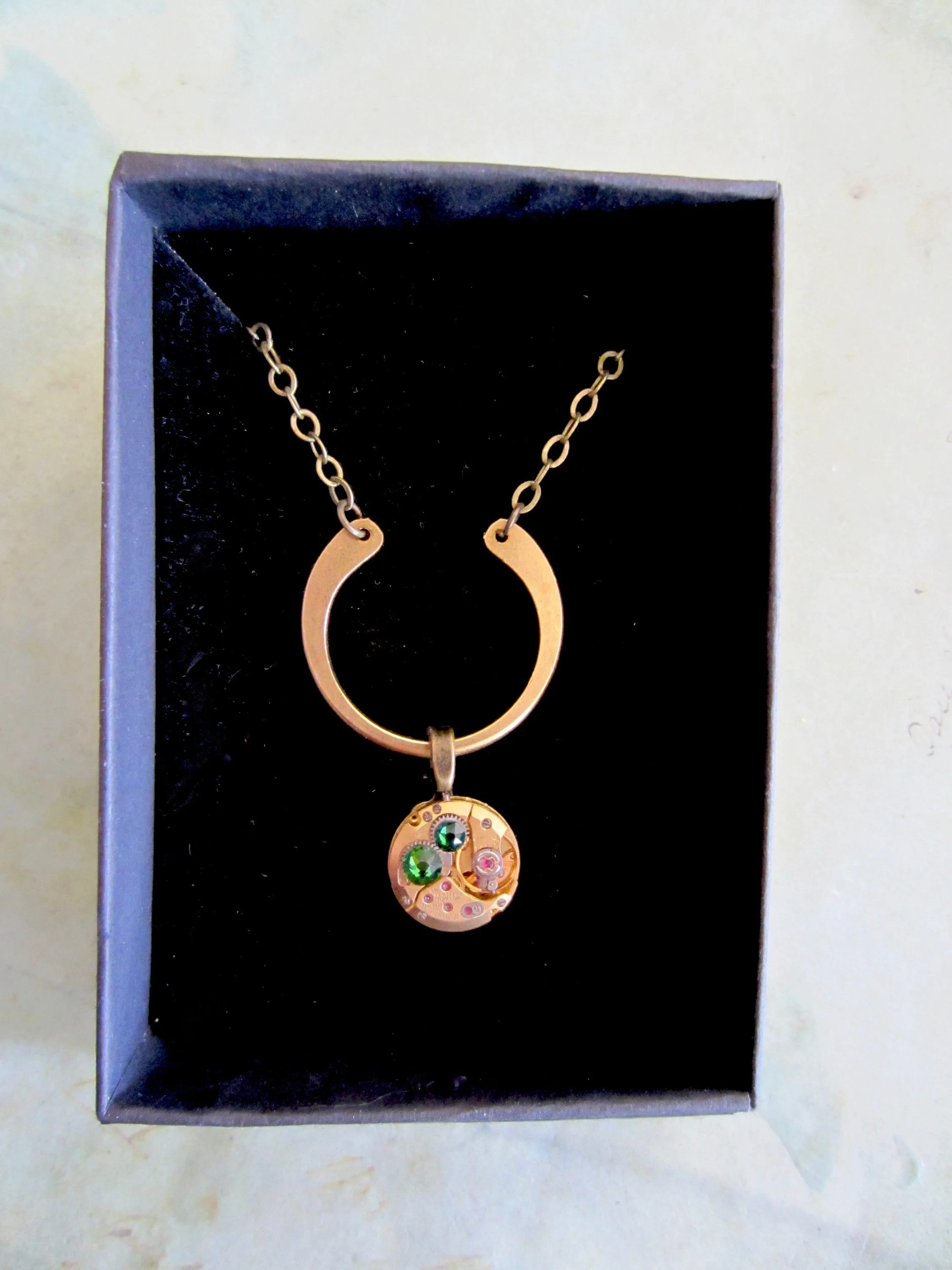 Emerald Steampunk Jewelry Necklace - Watch part necklace - Steampunk Necklace - Gold Watch Movement Repurposed Art