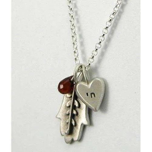 Emily Rosenfeld Hamsa Necklace with Chai Heart Charm and Dangling Garnet