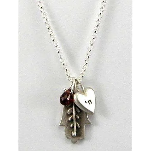 Emily Rosenfeld Hamsa Necklace with Chai Heart Charm and Dangling Garnet
