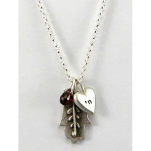 Emily Rosenfeld Hamsa Necklace with Chai Heart Charm and Dangling Garnet