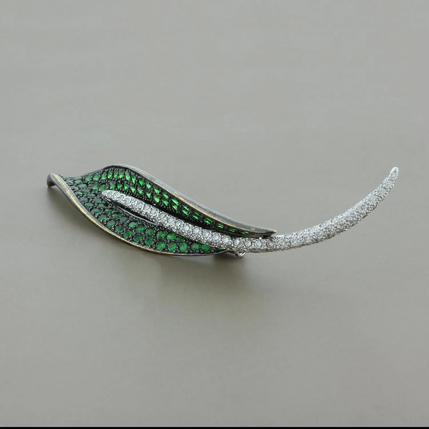 Estate Tsavorite Diamond Gold Leaf Brooch