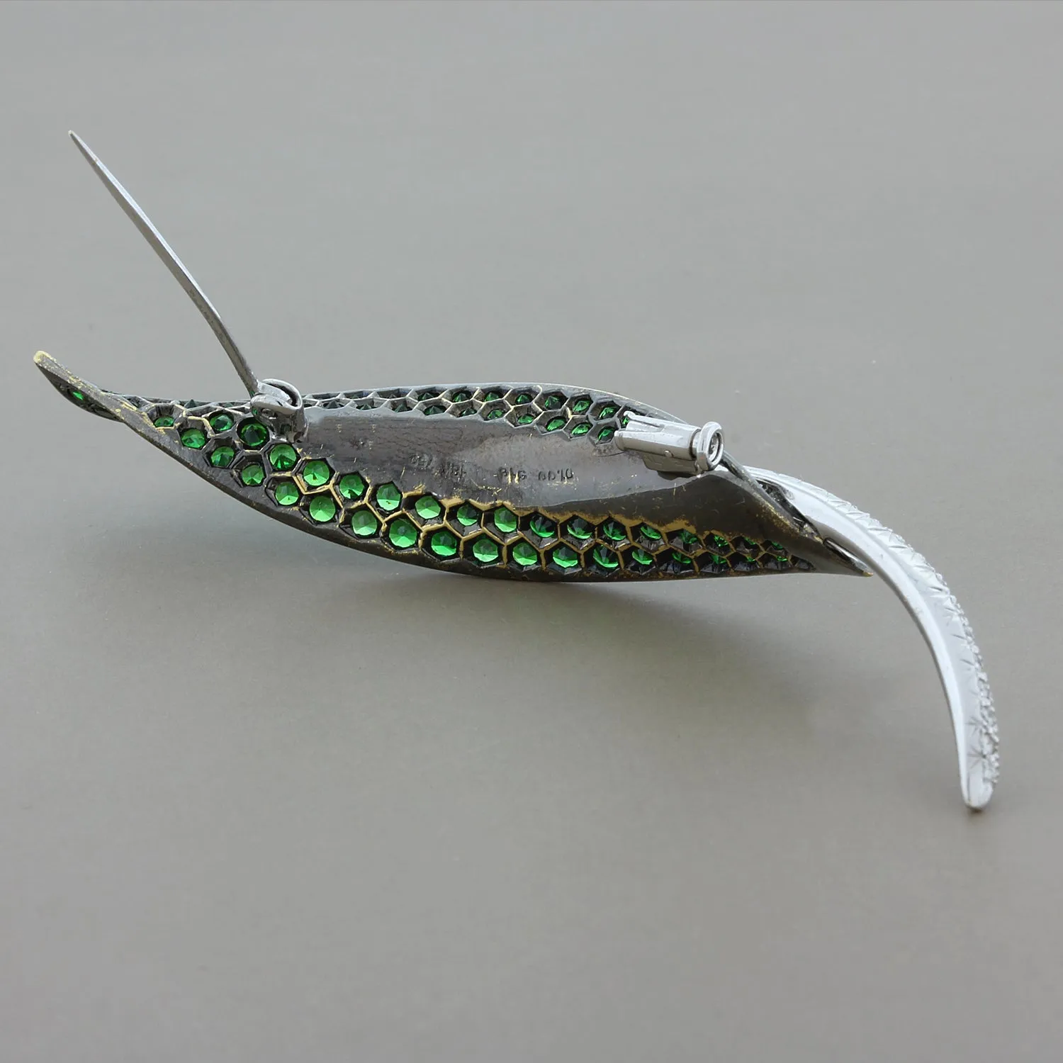 Estate Tsavorite Diamond Gold Leaf Brooch