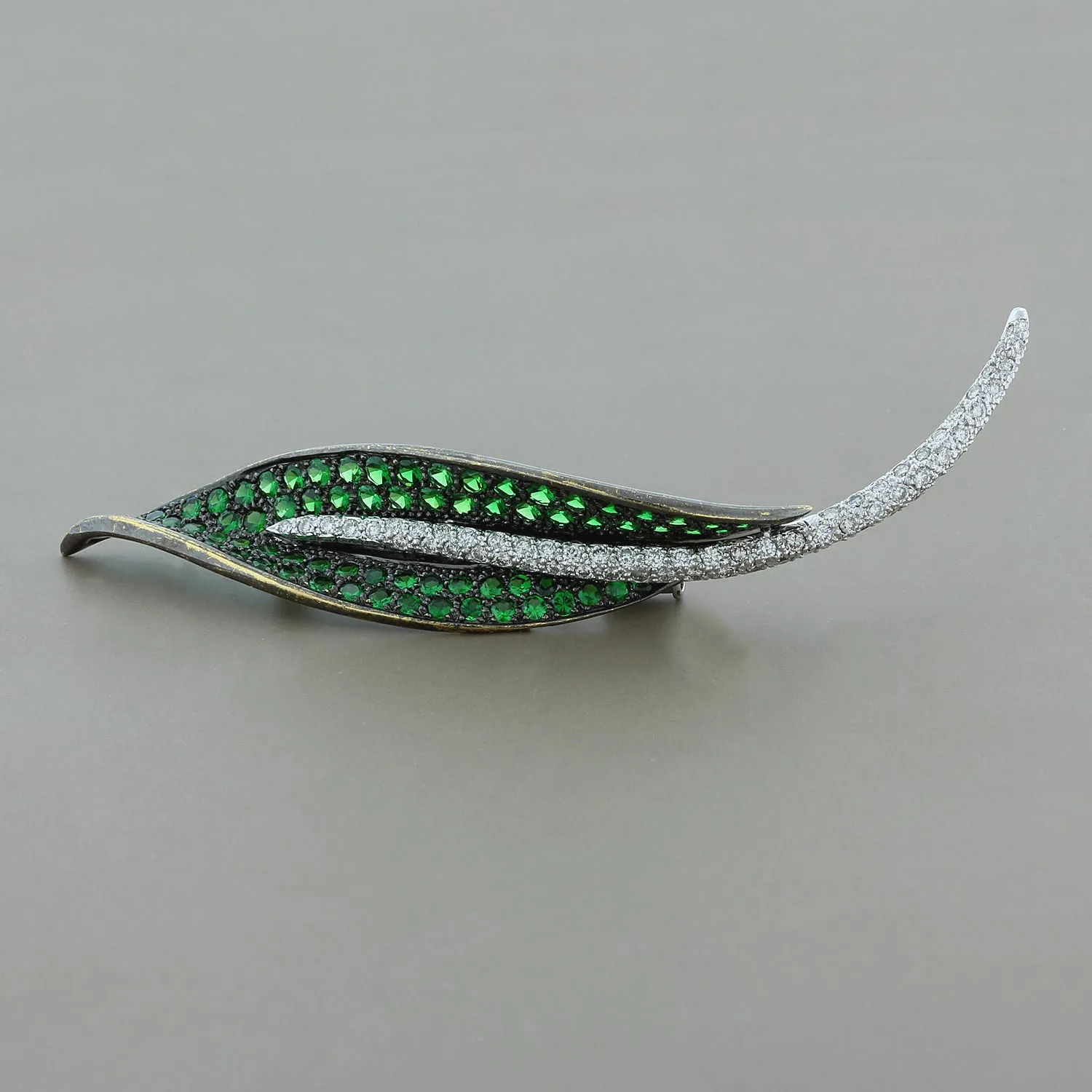 Estate Tsavorite Diamond Gold Leaf Brooch