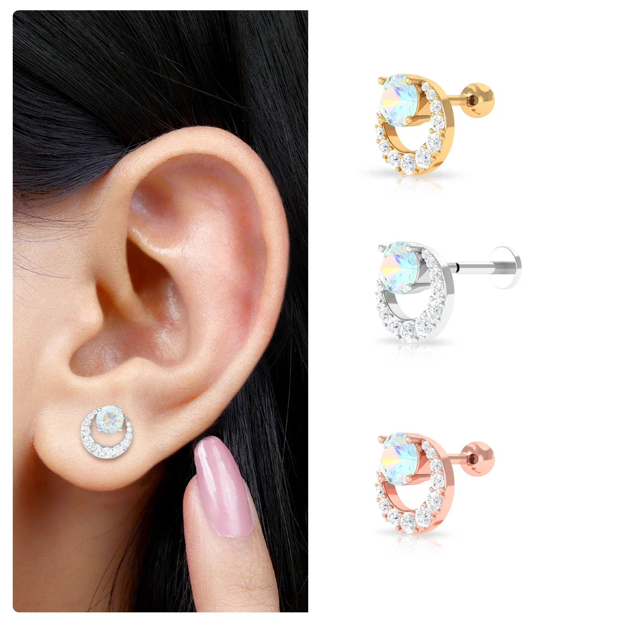 Ethiopian Opal and Moissanite Circle Cartilage Earring