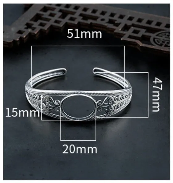 Ethnic Leaf Pattern Oval Mount Bracelet Setting Sterling Silver Fine 925 15x20mm For One Stone Adjustable No Prongs DIY Jewelry Wholesale
