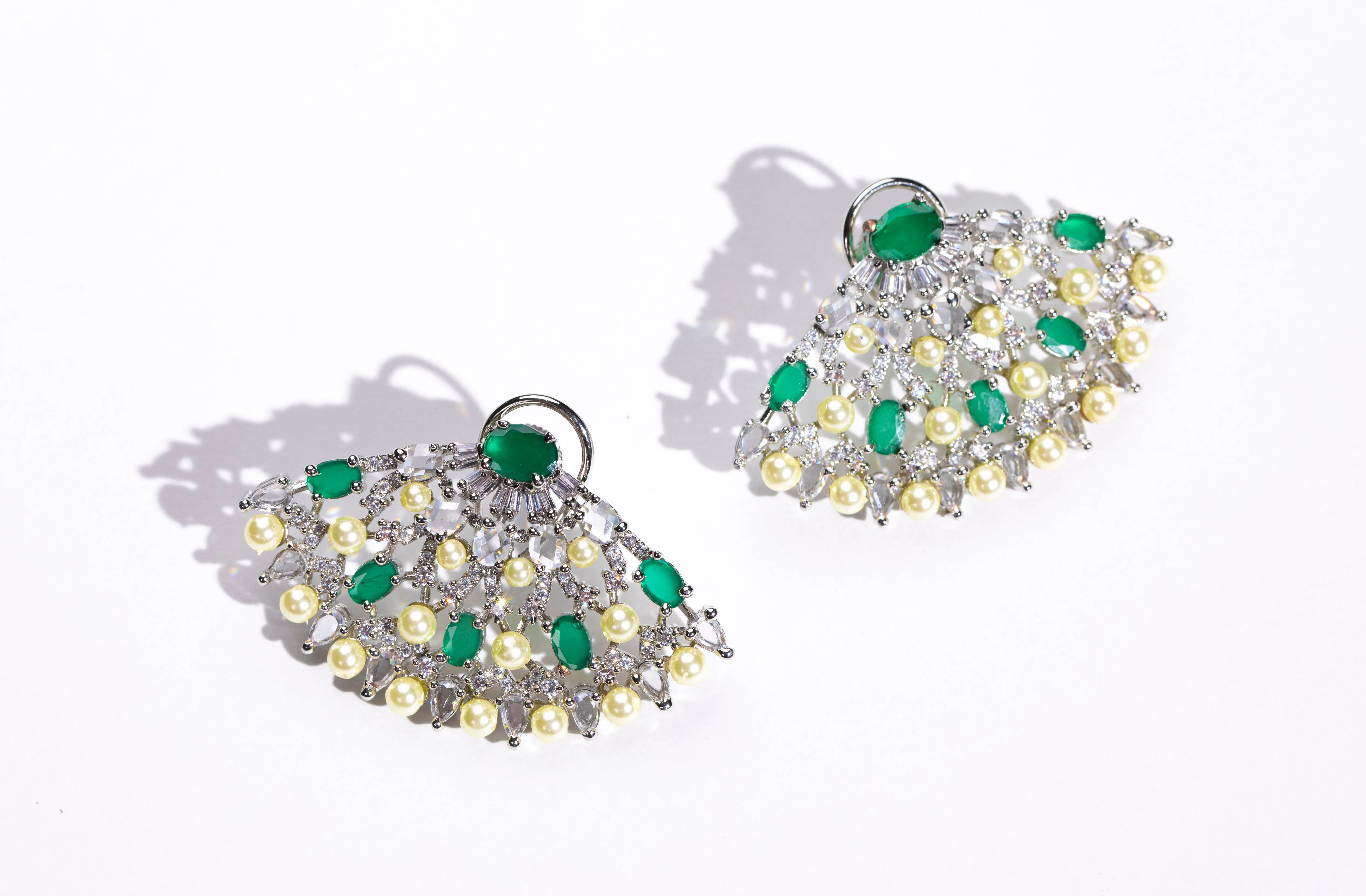 Exotic Japanese Fan Earrings with Emerald, Pearls, and Swarovski | Buy Jewelry Online