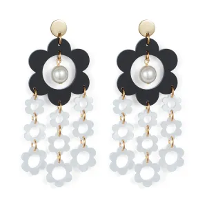 Flower Chandelier Earrings - Black & White - 23EFCbw