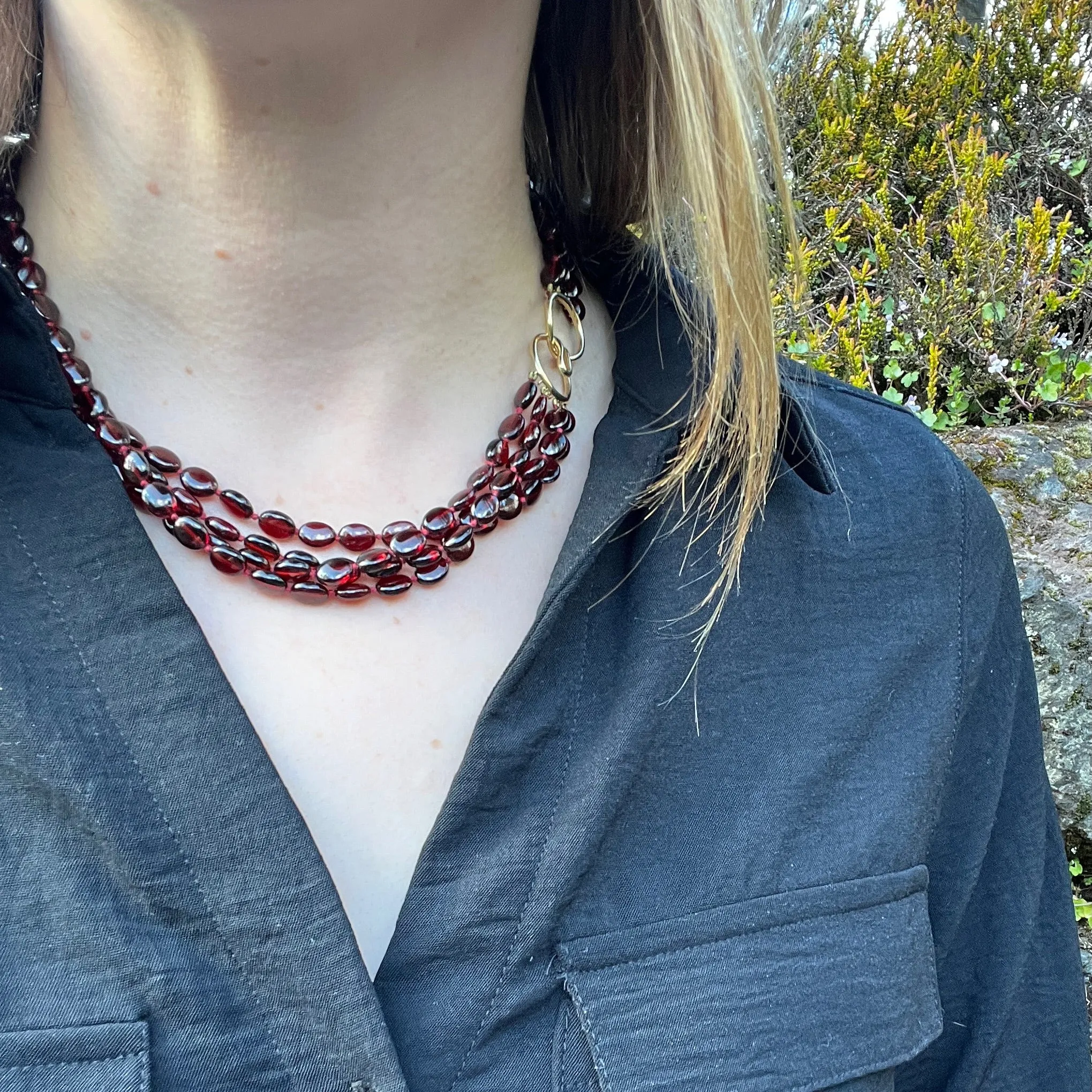 Four Strand Waterfall of Garnet Beads with Gold Clasp