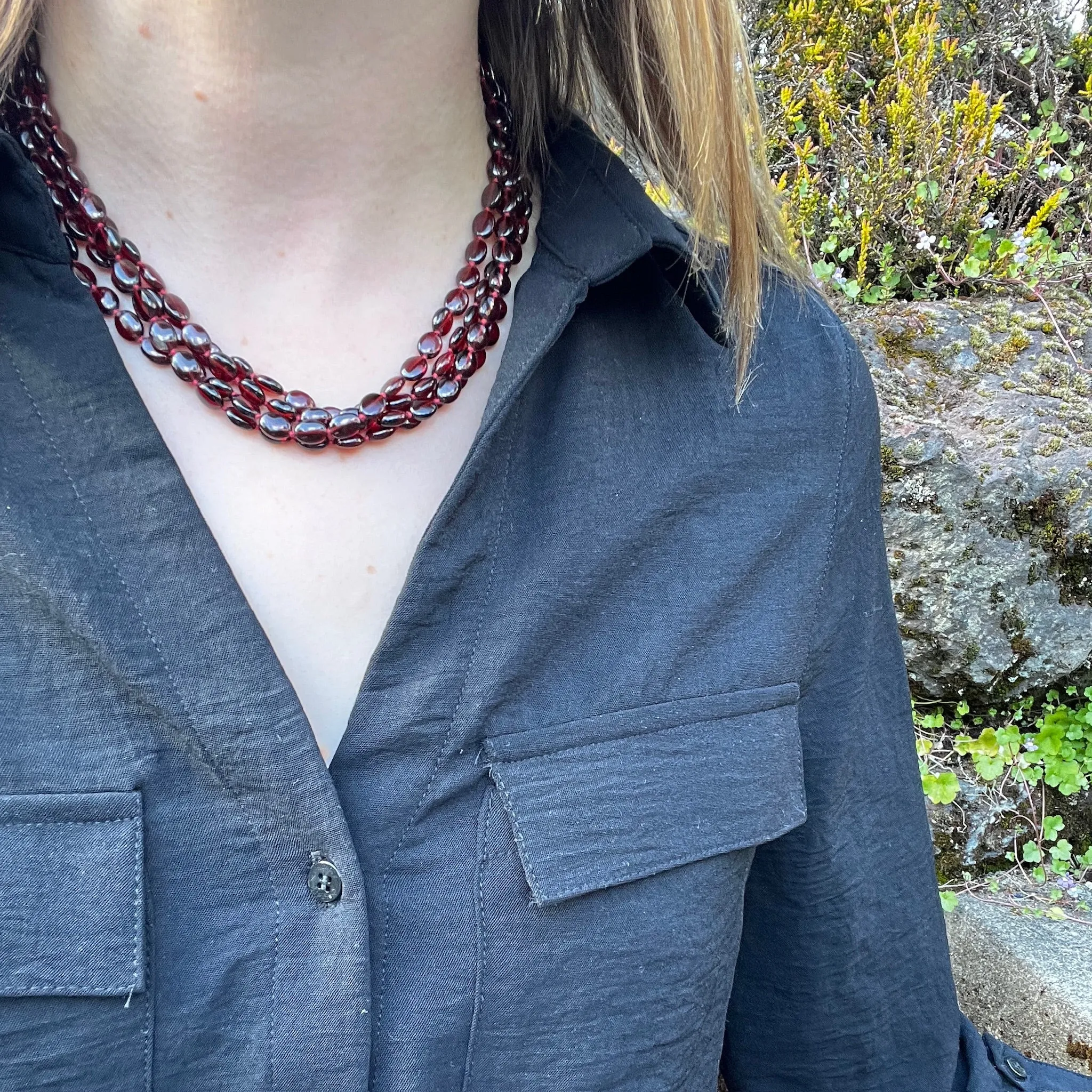 Four Strand Waterfall of Garnet Beads with Gold Clasp