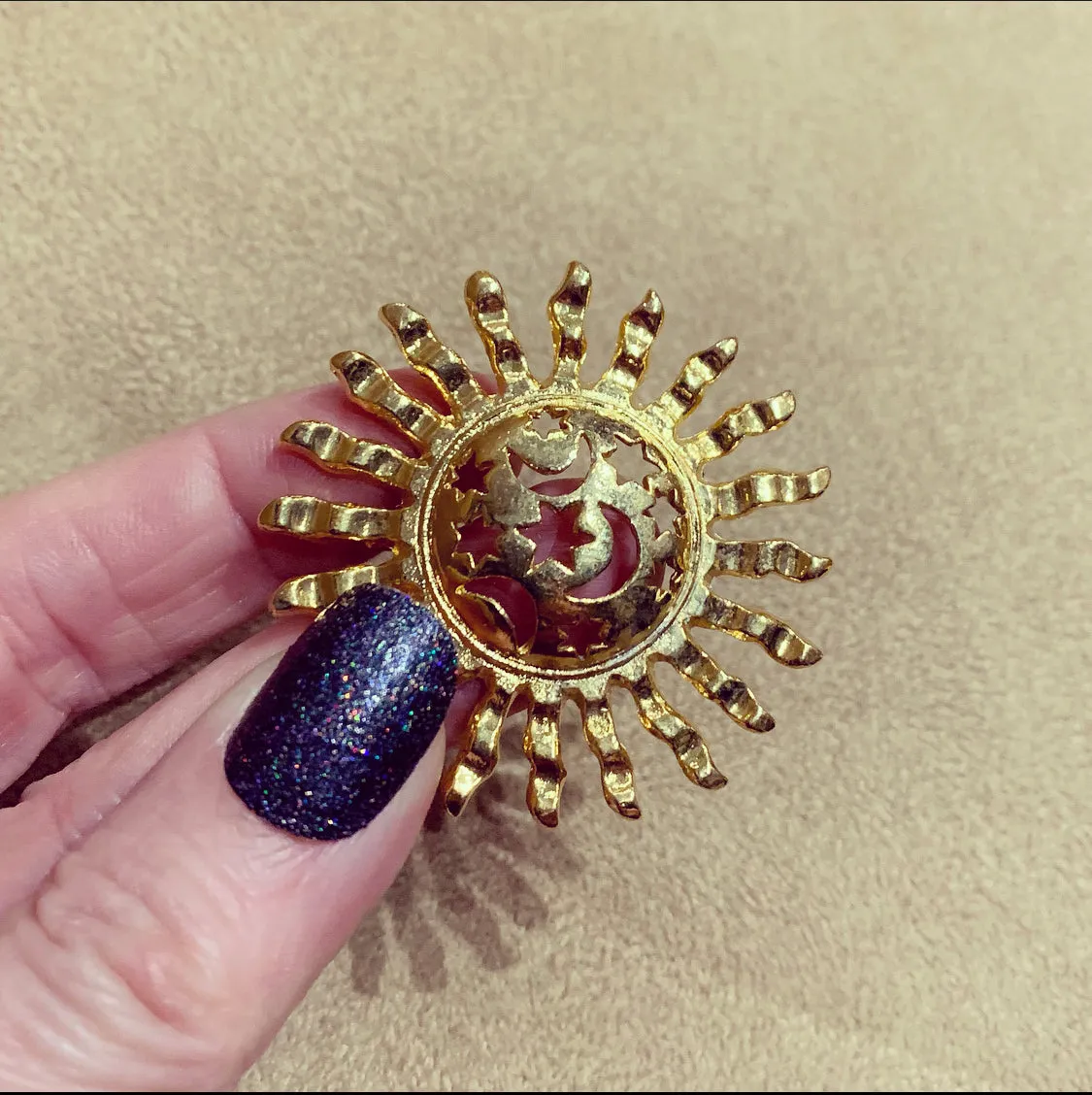 Gold Celestial Sun Moon Stars Vintage Brooch