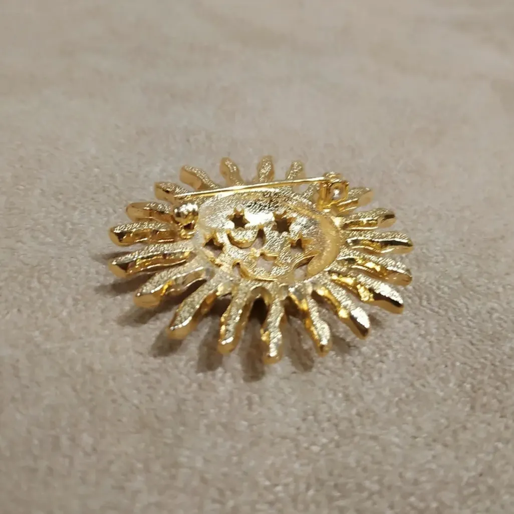 Gold Celestial Sun Moon Stars Vintage Brooch