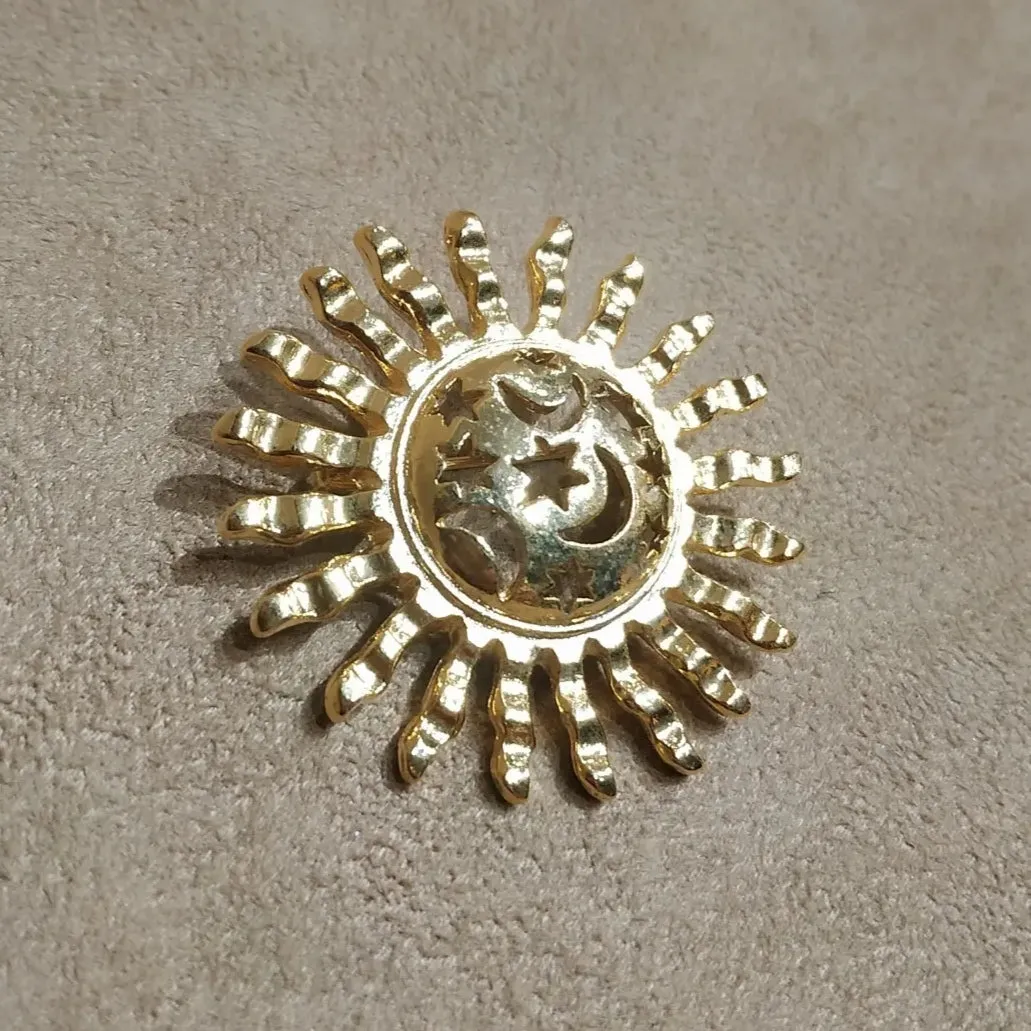Gold Celestial Sun Moon Stars Vintage Brooch