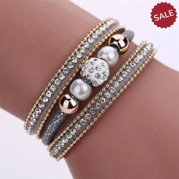 Gray Crystal Faux Pearl Rhinestone Magnetic Bracelet