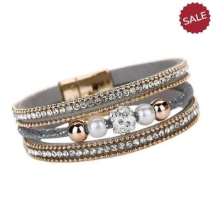 Gray Crystal Faux Pearl Rhinestone Magnetic Bracelet