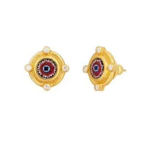 Gurhan One-of-a-Kind 24K Yellow Gold and 18K Vermeil Floral Mosaic Stud Earrings with Bezel Set Diamonds