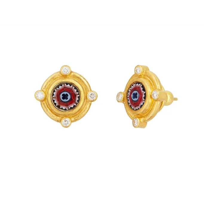 Gurhan One-of-a-Kind 24K Yellow Gold and 18K Vermeil Floral Mosaic Stud Earrings with Bezel Set Diamonds