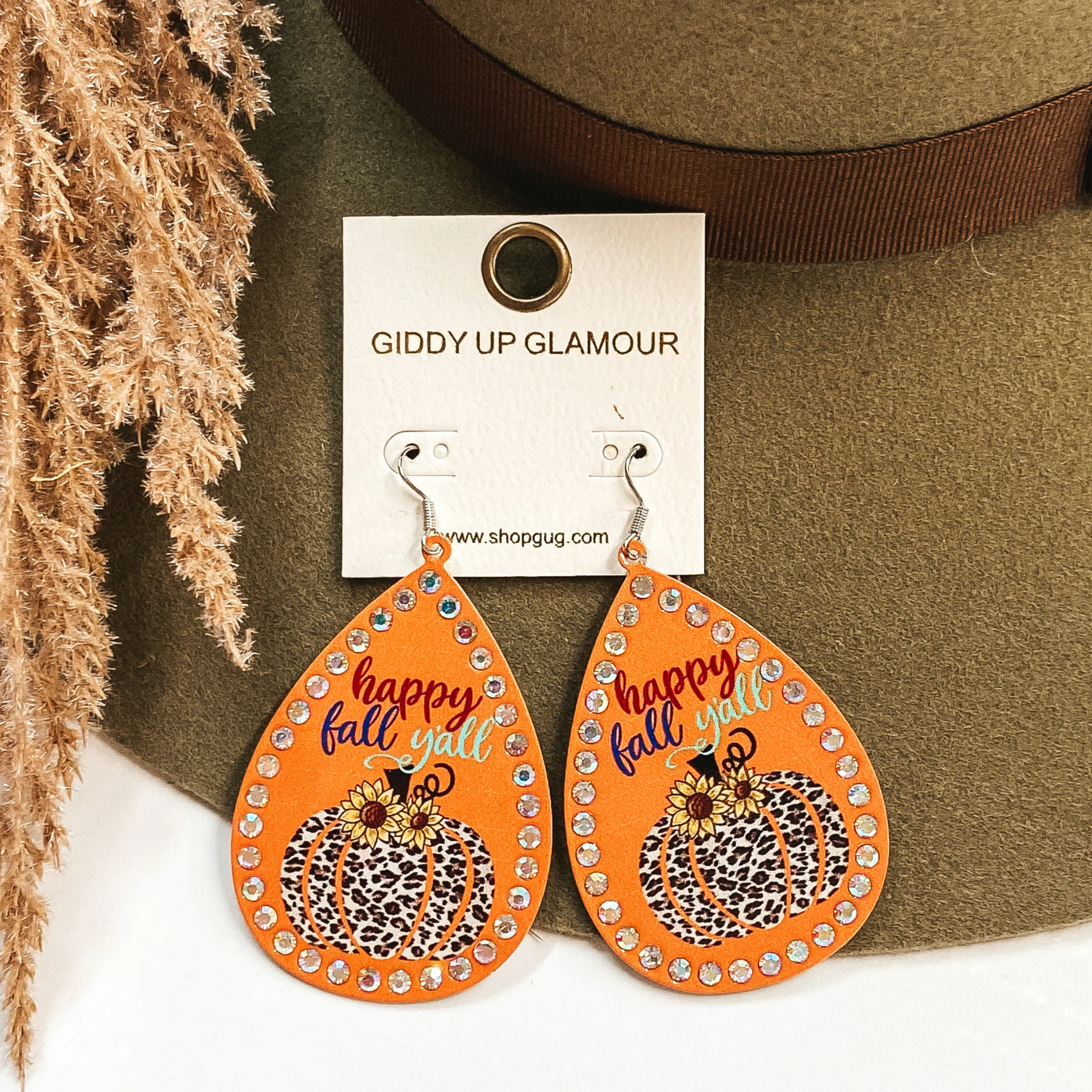 Happy Fall Y'all Teardrop Earrings in Orange with AB Crystals