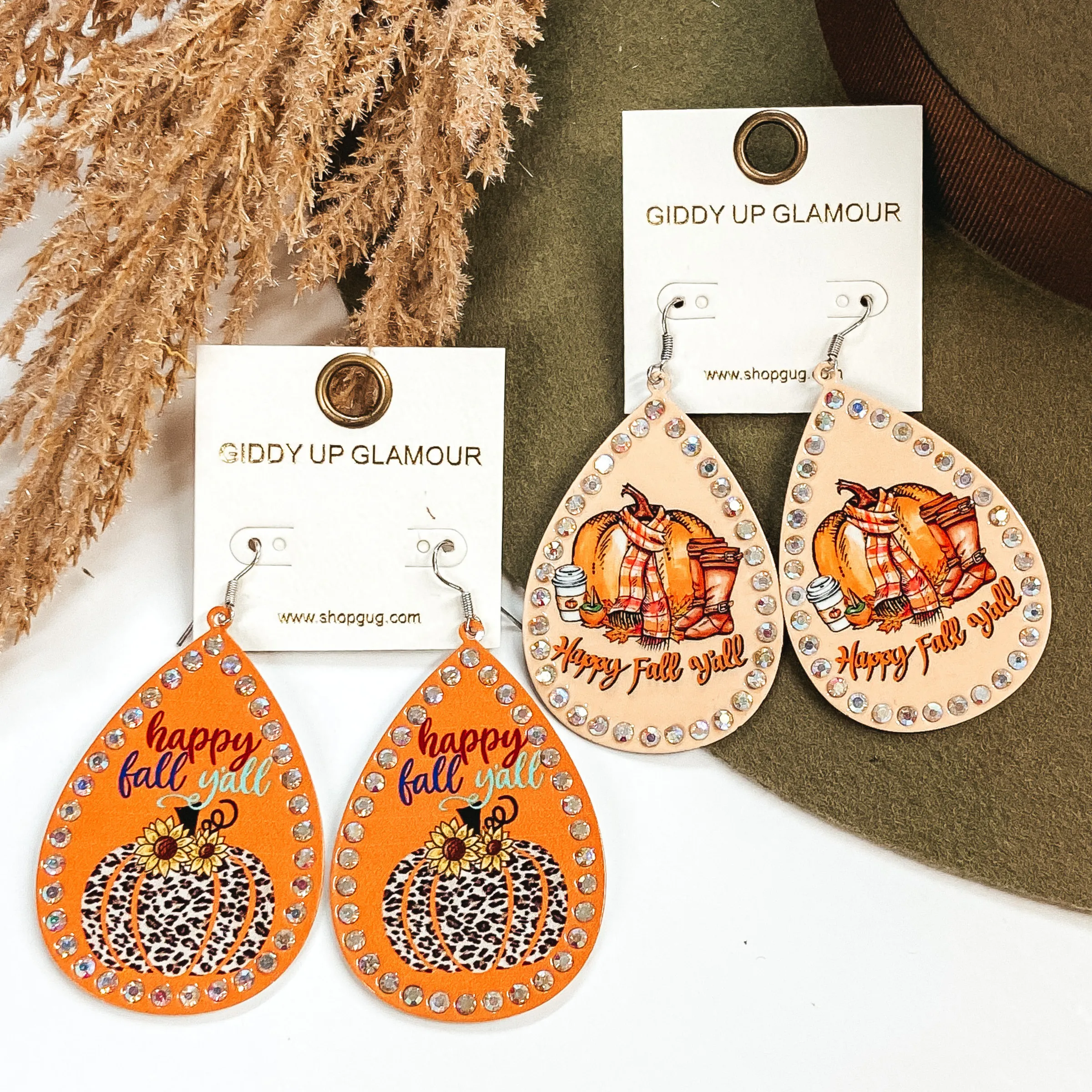 Happy Fall Y'all Teardrop Earrings in Orange with AB Crystals