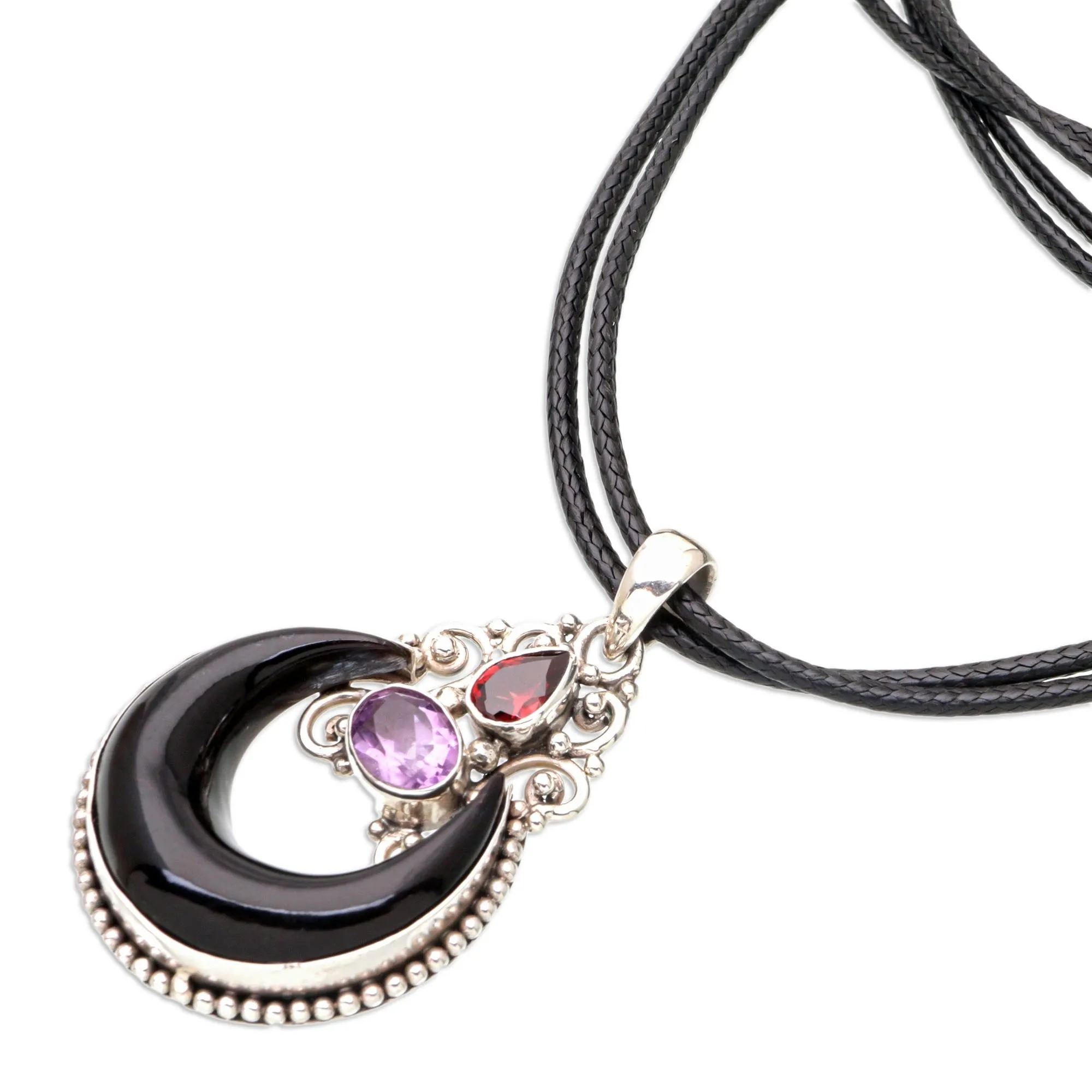 Horn Amethyst Garnet and Sterling Silver Pendant Necklace - Halloween Moon Knight | NOVICA