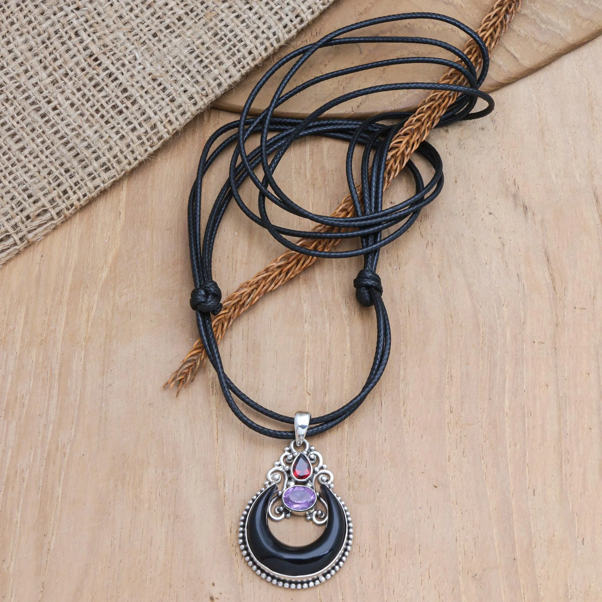 Horn Amethyst Garnet and Sterling Silver Pendant Necklace - Halloween Moon Knight | NOVICA